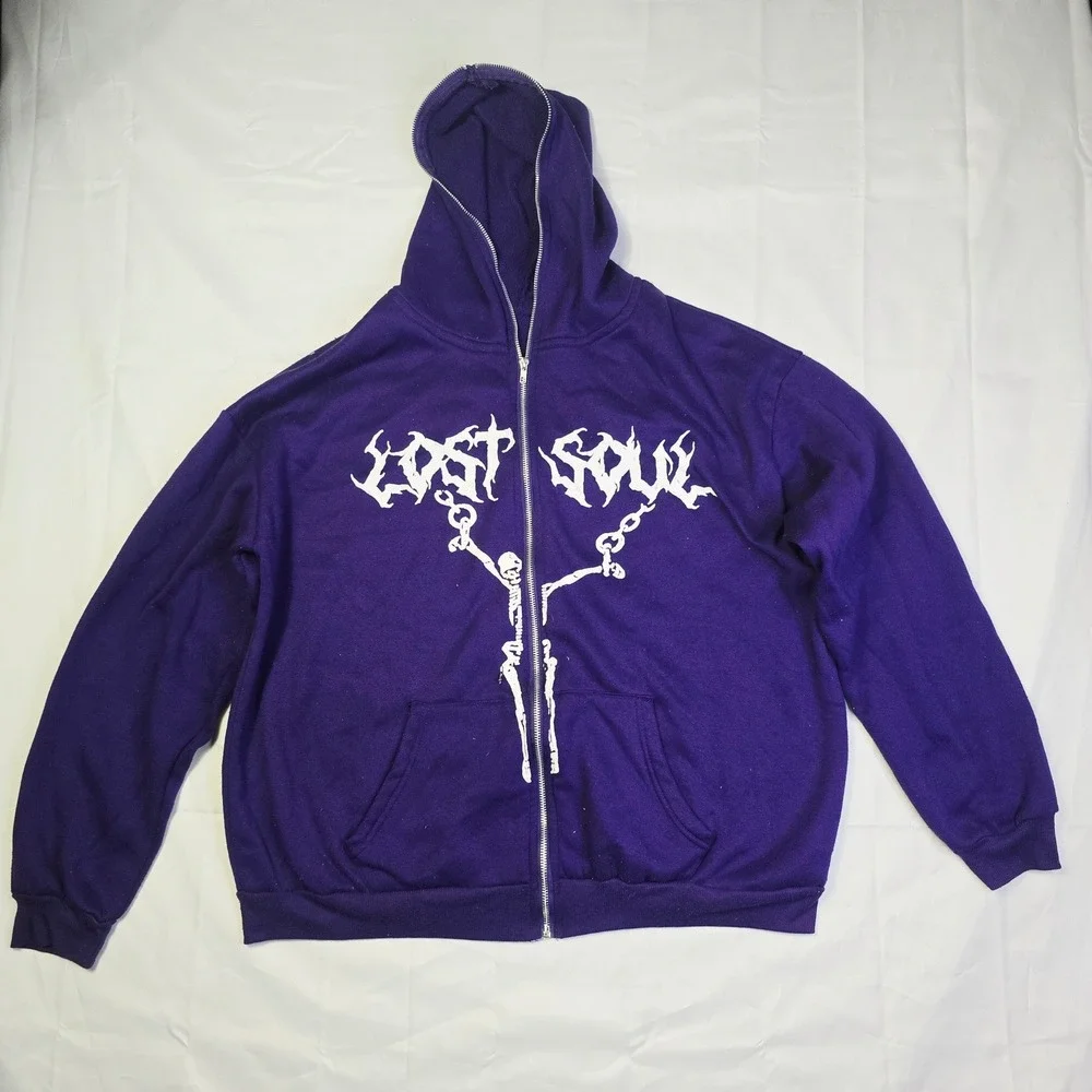 Lost Soul Men's Skeleton Graphic Full Zip Hoodie Medium Purple Goth Streetwear